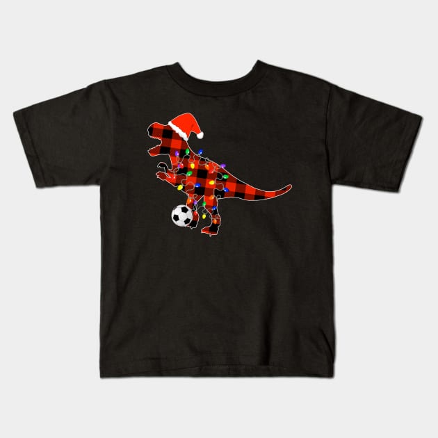 Soccer Christmas Red Plaid T Rex, Funny Santa Hat Pajamas Kids T-Shirt by Printofi.com